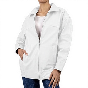 Veste utilitaire blanche en polyester pour femme, manches longues, fermeture éclair, col rabattable, respirante, couleur unie, style printemps - Product Image 1