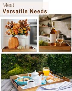 Bandeja Otomana de Madera de Acacia de 22x15.8 Pulgadas, Bandeja Rectangular Grande de Madera para Servir con Asas Metálicas para Servir Comida y <span class=keywords><strong>Desayuno</strong></span> - Product Image 6