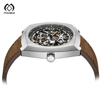 Montre automatique squelette carrée mécanique étanche 5ATM en cuir véritable avec logo personnalisé Migaga pour hommes