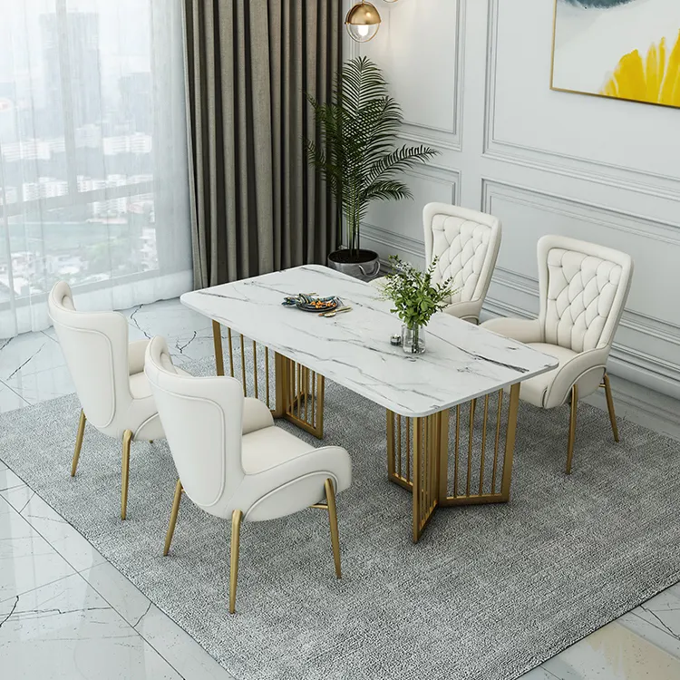 İskandinav tarzı yemek odası mobilyası mermer yemek masası veya taş üst ile altın paslanmaz çelik metal bacak masa