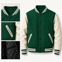 Blouson universitaire pour homme en gros, corps en laine, manches en cuir, style Letterman, poignets côtelés rayés, doublure matelassée chaude, blouson de baseball, OEM
