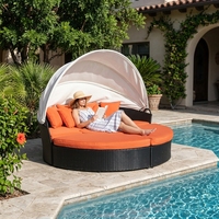 Ensemble de salon de jardin GSD avec ottoman rond, canapé-lit en rotin PE imperméable avec abri