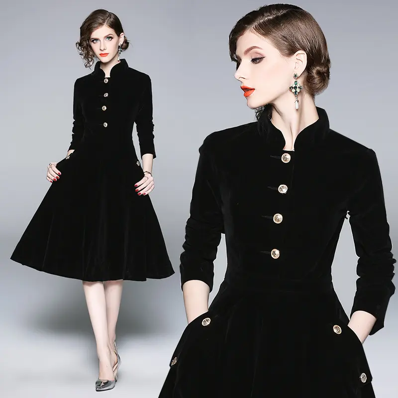 Gaun satu potong wanita beludru elegan retro hitam lengan panjang kerah berdiri anggun mode desain baru musim gugur hitam