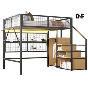 <span class=keywords><strong>Lit</strong></span> <span class=keywords><strong>mezzanine</strong></span> moderne en métal DNF <span class=keywords><strong>avec</strong></span> bande LED, <span class=keywords><strong>rangement</strong></span> <span class=keywords><strong>et</strong></span> étagère ouverte - Twin/Twin XL/140x200cm - Gain de place pour enfants <span class=keywords><strong>et</strong></span> adolescents - Noir - Product Image 1