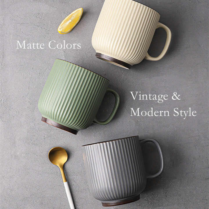 Wholesale Modern Vintage 12oz Green Grey White Glazed Unique Stripe Ceramic Coffee Mug