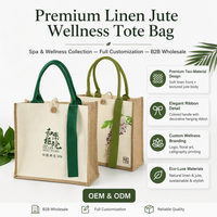 Sac fourre-tout de luxe en lin et jute pour spa et bien-être féminin, avec logo calligraphié, imprimé floral, poignée en ruban décoratif, personnalisation OEM/ODM