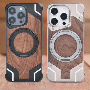 Custodia magnetica in metallo senza telaio in vero legno per <span class=keywords><strong>iPhone</strong></span> 17 16 15 14 <span class=keywords><strong>13</strong></span> <span class=keywords><strong>Pro</strong></span> Max / <span class=keywords><strong>Pro</strong></span> <span class=keywords><strong>Cover</strong></span> 360 integrato supporto rotante - Product Image 1