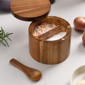 Pot à sel en bois d'acacia avec couvercle et cuillère, organisateur de rangement simple couche pour épices, idéal pour le dropshipping Shopify - Product Image 4