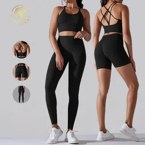 Seamless Sports Shorts Butt Lifting Legging Cross Back Bra Activewear Gym Outfit Workout 3 Piece Yoga Sets Fitness For Women