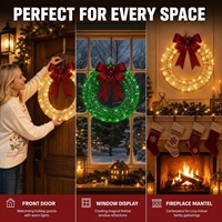 Karangan Bunga Natal Harga Pabrik, Cincin Bunga Logam, Lampu LED Hangat, Dekorasi Pita Besar, Model Karangan Bunga Gantung Pintu