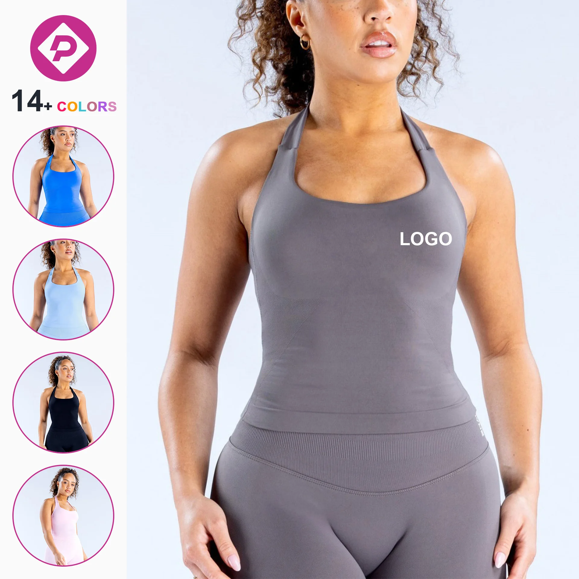 Seamless High Elastic Halter Neck Breathable Workout Tank Top Backless Square Neck Gym Sports Vest Yoga Tops
