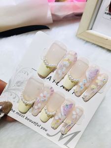 Peinture florale 3D jaune française faite à la main <span class=keywords><strong>faux</strong></span> <span class=keywords><strong>ongles</strong></span> en ABS cercueil perle papillon artificiel réutilisable pour l'application des doigts - Product Image 5