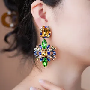 Colorful Sparkle Women's Dangle Earrings Luxury Design Green Pendant Crystal Gem Statement Casual Party Club Wear Jewelry 2024