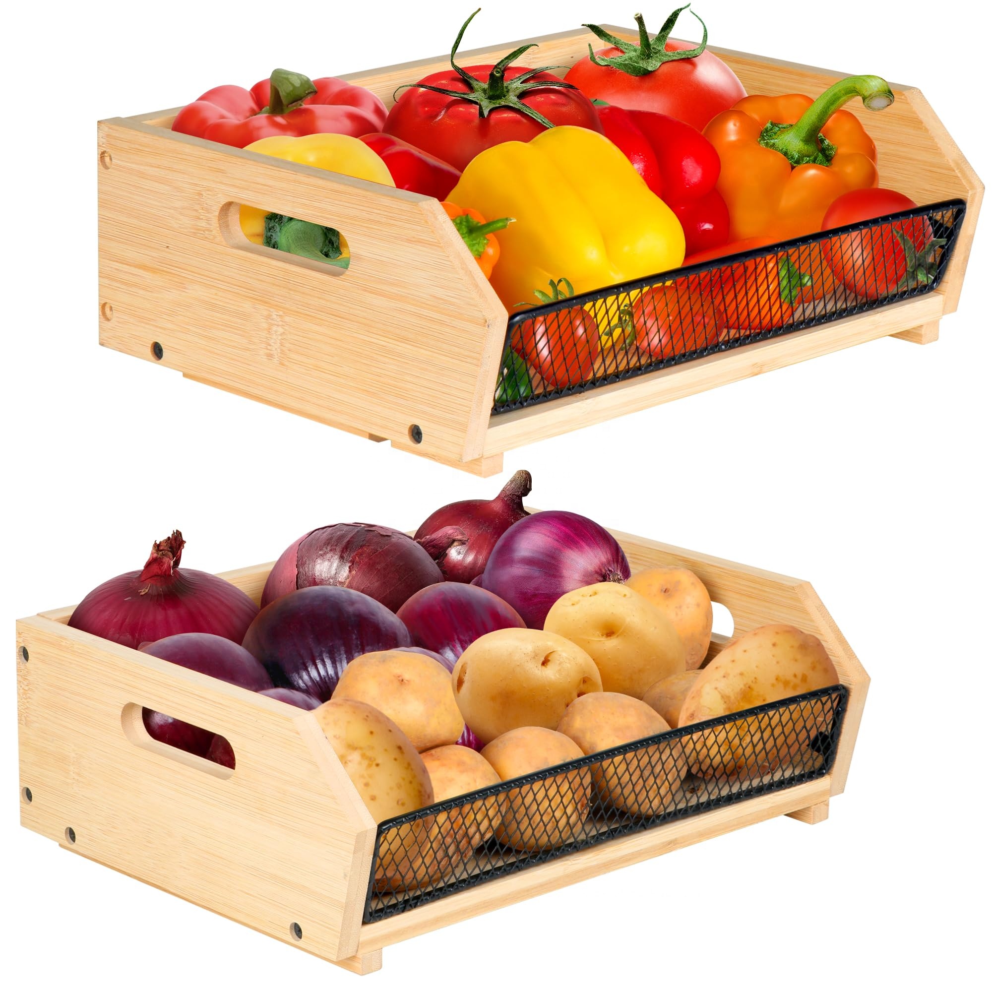 Lot De 2 Paniers à Fruits Muraux Empilables Avec Couvercle En Bois - Rangement Cuisine Ventilé Pour Légumes Et Collations