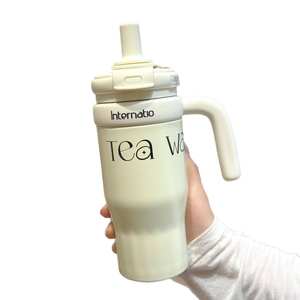 Vaso de acero inoxidable aislado de gran capacidad estilo <span class=keywords><strong>Instagram</strong></span> colorido con mango portátil taza de café de alta estética de paja - Product Image 6