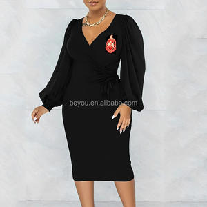 SCHULTERTUM Frühling Herbst Taille Midi-Kleid Damen-V-Ausschnitt Hüft-Überarmung A-Linien-Rock lange Laterne Ärmel Kordelzug Party-Kleider - Product Image 2