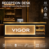 Comptoir de réception en bois en forme de L de style industriel avec éclairage LED, bureau de réception pour restaurant, café, boîte de nuit, hôtel, personnalisable