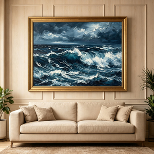Pintura al Óleo de Olas Impactantes con Textura Intensa Pintada a Mano, Paisaje Marino Azul Marino Majestuoso, <span class=keywords><strong>Arte</strong></span> de Pared en Lienzo para Sala de Estar - Product Image 4