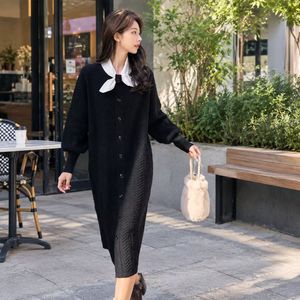 Robe pull midi en tricot noir pour femme avec col Peter Pan, manches longues, boutons sur le devant, style décontracté, tenue d'automne - Product Image 3