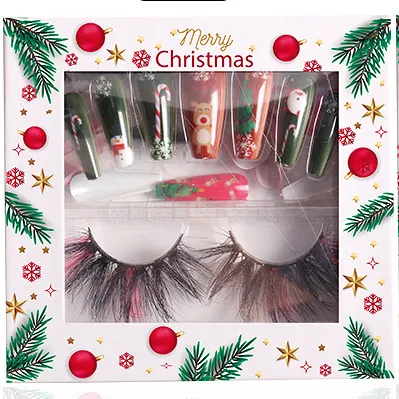 Groothandel Gekleurde 5D Mink Wimpers En Nagels Kit Wimpers Kerst Nail Pluizige Wimpers Set Voor Best Christmas Festival Gift