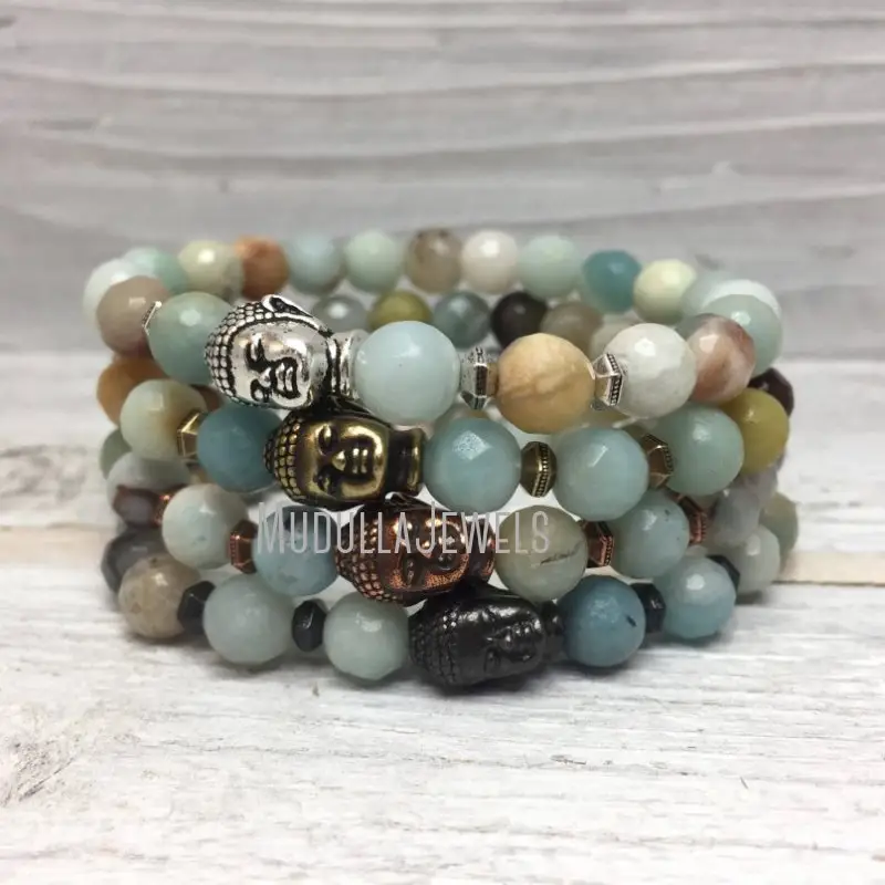 Wmb31443 Natuurlijke Edelsteen Amazoniet Pols Mala Met Boeddha Hoofd Kralen Armband Verzilverd Healing Gebed Mantra Sieraden