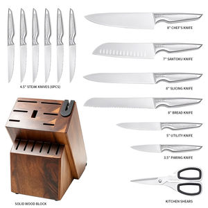 Ensemble de 14 couteaux de cuisine en acier inoxydable avec manche creux, lame à motif martelé, bloc en bois et aiguiseur intégré, couteaux de chef - Product Image 1