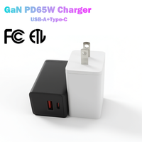 Cargador GaN PD 3.0 de 65W con Puertos Duales USB-A + Tipo-C, Resistente al Fuego, Enchufe Estadounidense, para Teléfono Móvil, Portátil y Reloj Inteligente
