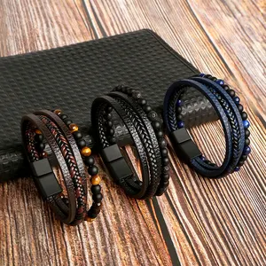 G1409 Wholesale Tiger's Eye Lava Natural Stone Bead Bracelets Jewelry Alloy Magnetic Clasp Men's Leather Bracelet