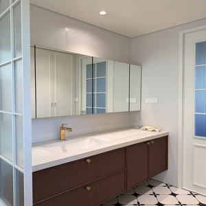 Meuble de salle de bain YALIG, style mi-siècle, couleur noyer, avec vasque monobloc en pierre courbée à chaud, sur pied - Product Image 6
