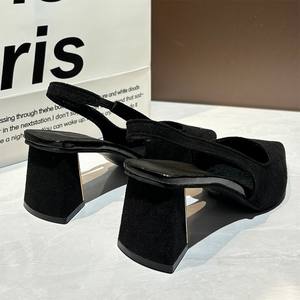 Sandales noires femmes été nouvelle mode femmes sandales pointues pompes femmes chaussures bureau robe chaussures Sexy talon carré chaussures hautes - Product Image 4