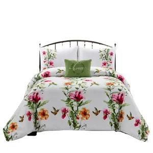 Luxury custom four-piece bedding set King size Green plants and red flowers bed sheet duvet cover set pillowcase