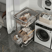 Panier à linge portable à 2 niveaux en acier inoxydable 304 sur roulettes pour salle de bain et buanderie