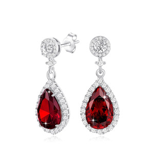 Wholesale S925 Sterling <b>Silver</b> Pear Cut Natural Garnet Dangle <b>Earrings</b> Double Halo Micro Paved CZ <b>Drop</b> <b>Earrings</b> Luxury Bridal - Product Image 1