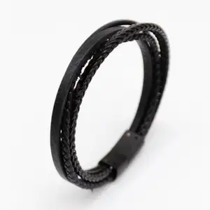 Wholesale Black Vintage Custom Bracelet Men Stainless Steel 316 Fashion Genuine Leather Men's Leather Bracelet
