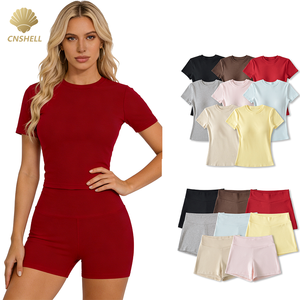 Dailywear Custom Logo Crew Neck <strong>Short</strong> Sleeve Chest Padding T <strong>Shirt</strong> <strong>and</strong> Biker <strong>Shorts</strong> Wide Waistband Micro Rib 2 Piece <strong>Set</strong> <strong>Women</strong> - Product Image 2