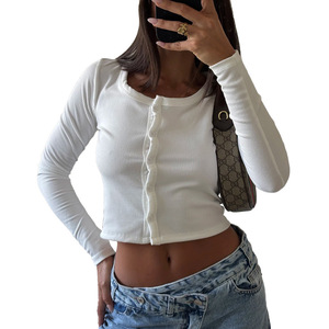 Cardigã Transfronteiriço Cropped de Manga Comprida com Botões e Detalhe na Cintura; Novo Tricô Canelado Europeu Americano Primavera/Verão 2026 - Product Image 5