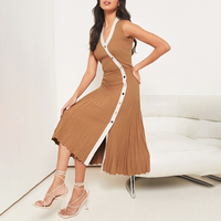 Robe décontractée en tricot côtelé plissé extensible pour femme, élégante, boutonnée, sans manches, été, naturelle, unie, simple
