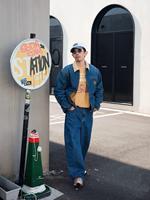 Blouson Bomber Vintage Detroit Workwear J97 Style Américain Décontracté Ample en Jean Col Rabattu Simple Boutonnage Avant Enduit Automne