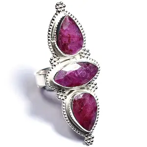 three stone 925 sterling silver ring bohemian chic love red adjustable band statement jaipur wholesale export jewellery