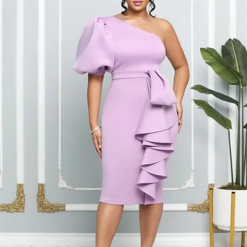 New arrival ladies party casual ruffled puff sleeve one shoulder bodycon dress plus size women's dresses