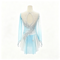 Robe de patinage et de danse dégradé bleu clair pour enfants et adultes, en maille transparente à manches longues, dos découpé avec strass, pour compétition et spectacle de patinage sur glace
