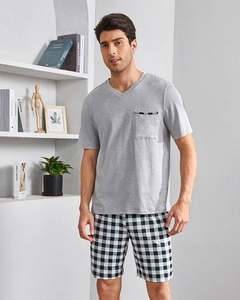 Shorts a quadri e T Shirt a maniche corte morbido Set loungwear con tasche in <span class=keywords><strong>cotone</strong></span> bambù pigiami da notte da <span class=keywords><strong>uomo</strong></span> - Product Image 6