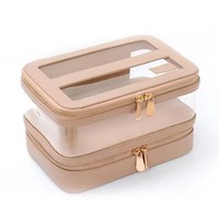 Sac à cosmétiques double couche Porte-pinceaux Sac à maquillage noir Fermeture éclair transparente Sac à cosmétiques en cuir PU PVC avec poignée