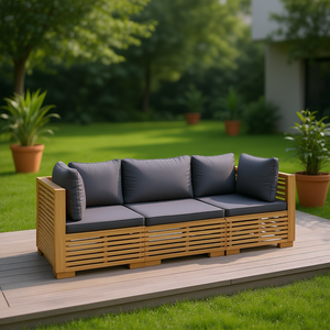 Ensemble de canapés de jardin en teck avec coussins gris foncé, mobilier d'extérieur au design contemporain, imperméable, 100% naturel - Product Image 2