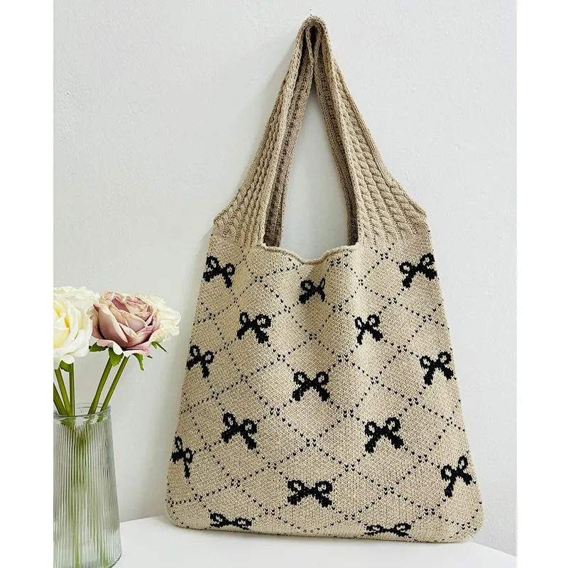 2024 Custom Tote Canvas Bag High Quality Bowknot Portable Knitted Shoulder Shopping Bag Woven Crochet Hand Tote Bag