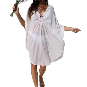 ชุดว่ายน้ำแขนปีกค้างคาวสำหรับผู้หญิง,เสื้อคลุมว่ายน้ำชายหาดคอวีแบบลำลองสีขาว