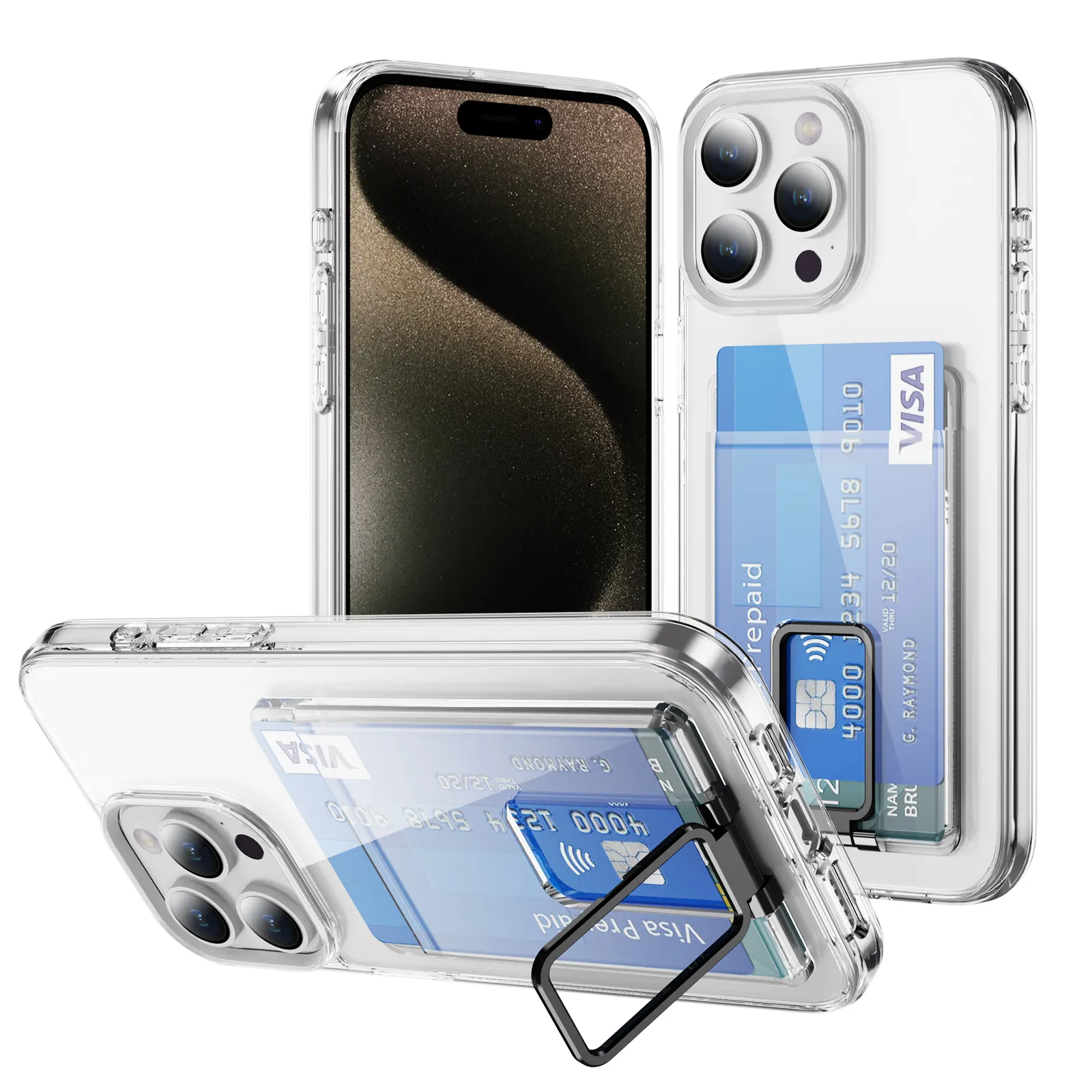 Porte-cartes en TPU transparent 2-en-1 pour béquille Offre Spéciale étui antichoc IP 14 15 Pro Max Logo de protection pour téléphone portable