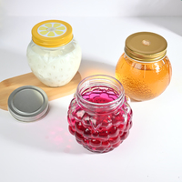 Vente en gros de pots à miel en verre transparents vides de 280 ml, 380 ml, 480 ml, forme unique, pour la conservation domestique, avec couvercle en métal