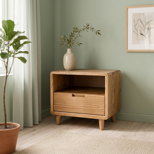 Table de chevet rétro en bois de teck avec étagère ouverte et 1 tiroir - Product Image 2
