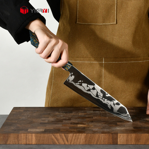 Cuchillo de <span class=keywords><strong>Chef</strong></span> Japonés Kiritsuke Personalizado, Núcleo de Acero 10Cr15CoMoV, Acero Laminado de 5 Capas, Mango de Madera Lacada en Azul y Dorado de Lujo, Cuchillo de Cocina - Product Image 5